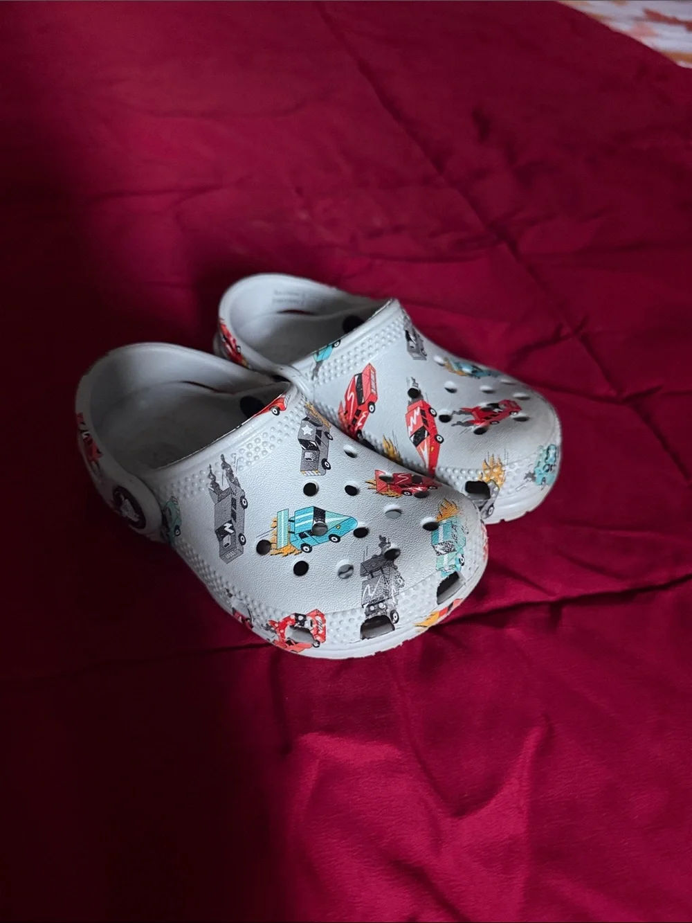 CROCS Kids White Clog with Colorful Race Car Print